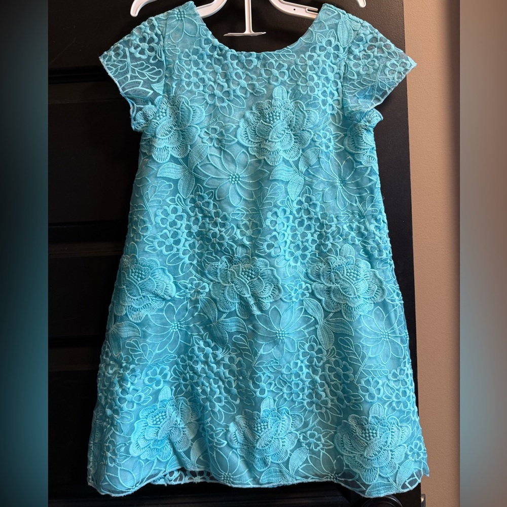 Mayoral aqua A-Line Cap Sleeve organza lace dress size 7 EUC special occasion